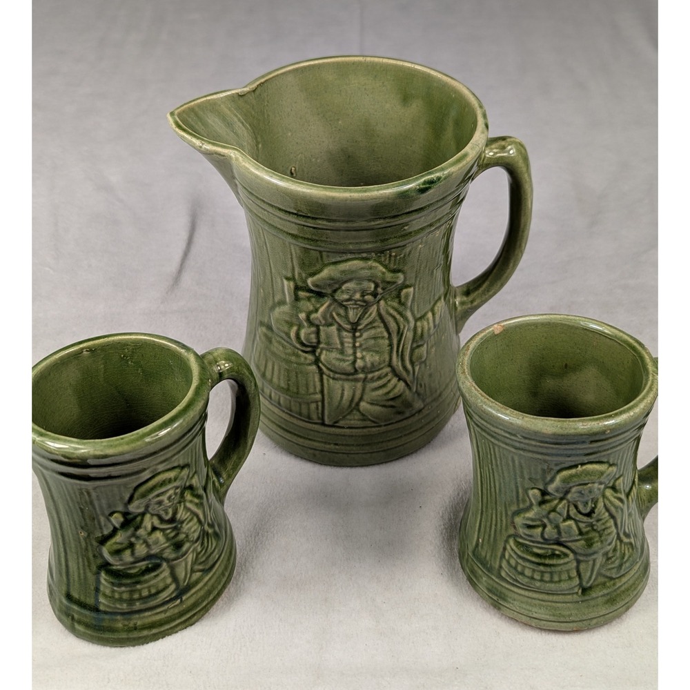 Vintage 1920's McKoy Green Glazed‎ Buccaneer Mug and Pitcher Drinkware Set
